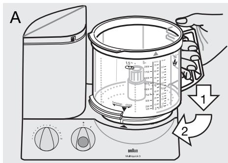 BRAUN K 650-600 - Att satta pa matberedarskålen ⑥ och locket ⑦ - 1