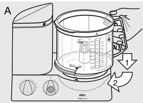 BRAUN K 650-600 - Mise en place du bol universal ⑥ et du couvercle ⑦ - 1