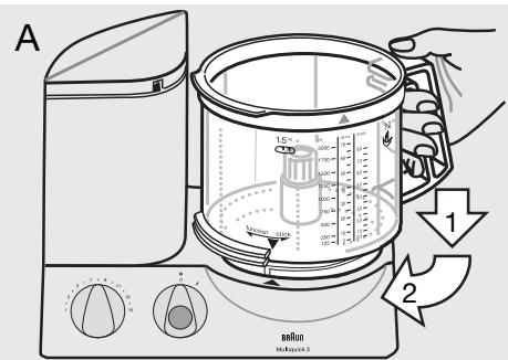 BRAUN K 650-600 - Bevestigen van de foodprocessorkom ⑥ en de deksen ⑦ - 1