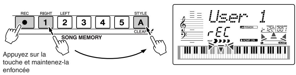 REC RIGHT LEFT 3 4 5 STYLE 1 2 3 4 5 A SONG MEMORY Appuyez sur la touche et maintenez-la enfoncée User 1 - REC - TOUCH - TEMPO MEASURE J = 120.00 i - COMPLON REAT