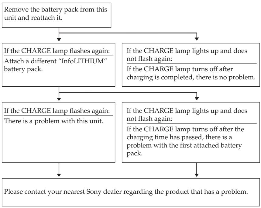 SONY AC-VQL1BP - The CHARGE lamp blinks and "WARNING" is indicated on the display window. - 1