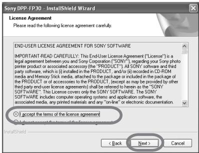 SONY DPP-FP30 - Check "I accept the terms of the license agreement" and click "Next". - 1