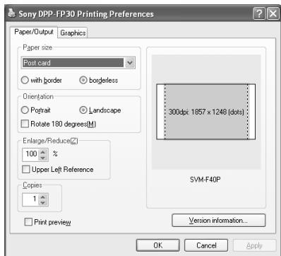 SONY DPP-FP30 - In the "Printer" drop-down list box, select "Sony DPP-FP30" and then click "Properties". In the "Printer" drop-down list box, select the printer that you actually use. - 2