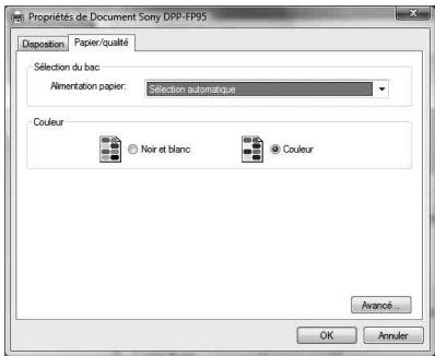 SONY DPP-FP95 - Dans l'onglet « Papier/qualité », précisez la couleur et la source du papier. - 1