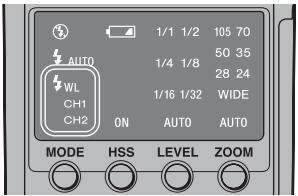 AUTO WL CH1 CH2 ON 1/1 1/2 105 70 1/4 1/8 50 35 1/16 1/32 28 24 AUTO AUTO MODE HSS LEVEL ZOOM