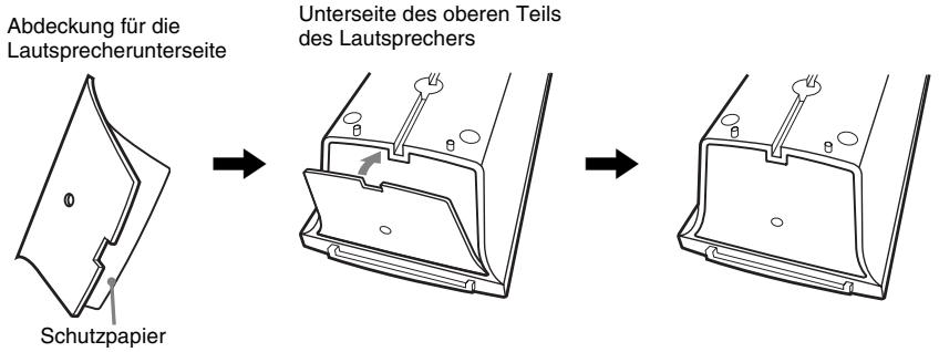 SONY DAV-TZ630 - Entfernen Sie das Schutzpapier von der Abdeckung für die Lautsprecherunterseite und bringen Sie dann die Abdeckung für die Lautsprecherunterseite unten am oberen Teil des Lautsprechers an. - 1