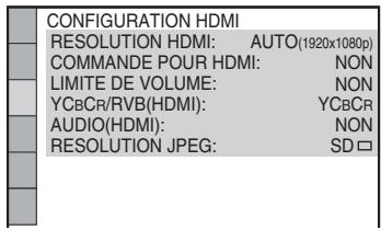 CONFIGURATION HDMI RESOLUTION HDMI: AUTO(1920x1080p) COMMANDE POUR HDMI: NON LIMITE DE VOLUME: NON YCbCr/RVB(HDMI): YCbCr AUDIO(HDMI): NON RESOLUTION JPEG: SD□