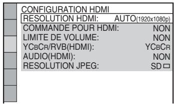 CONFIGURATION HDMI RESOLUTION HDMI: AUTO(1920x1080p) COMMANDE POUR HDMI: NON LIMITE DE VOLUME: NON YCbCr/RVB(HDMI): YCbCR AUDIO(HDMI): NON RESOLUTION JPEG: SD □