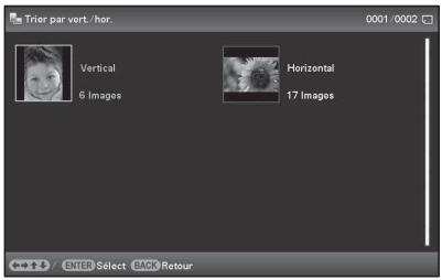 Trier par vert /hor. 0001 0002 Vertical 6 Images Horizontal 17 Images 播放音乐 / ENTER Select BACK Retour