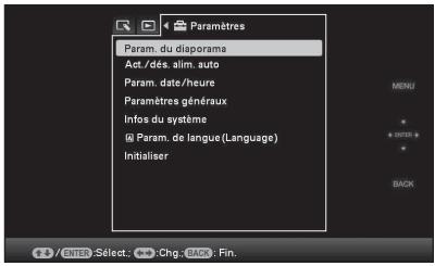 Paramètres Param. du diaporama Act./dés. alim. auto Param. date/heure Paramètres généraux Infos du système Param. de langue (Language) Initialiser