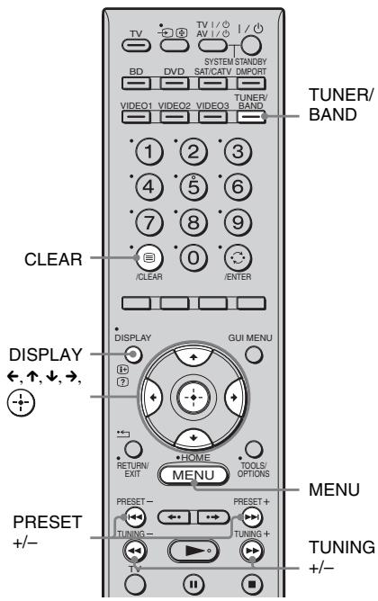 TV BD DVD SYSTEM STANDBY SAT/CATV IMPORT VIDEO1 VIDEO2 VIDEO3 TUNER/ BAND 1 2 3 4 5 6 7 8 9 0 /CLEAR /ENTER CLEAR DISPLAY GUI MENU RETURN/ EXIT HOME TOOLS/ OPTIONS PRESET - PRESET + TUNING - TUNING + +/-