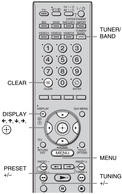 TV BD DVD SYSTEM STANDBY SAT/CATV DMPORT VIDEO1 VIDEO2 VIDEO3 TUNER/ BAND 1 2 3 4 5 6 7 8 9 0 /CLEAR /ENTER CLEAR DISPLAY ←,↑,↓,→, DISPLAY GUI MENU RETURN/ EXIT HOME TOOLS/ OPTIONS PRESET +/- PRESET - TUNING - TUNING + TUNING +/-