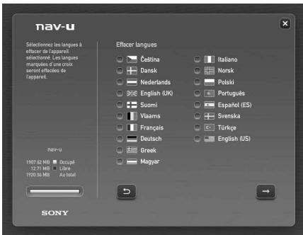 NAV-U Sélectionne les langues à effacer de l'apprent sélectionne les langues marquées d'une croix sèrent effecteurs de l'apprent. Effacer langues Gelitina Italiano Dansk Norsk Nederlands Polski English (UK) Portuguis Suomi Español (ES) Viaams Svenska Français Türkçe Deutsch English (US) Greek Magyar NAV-U 1907.42 MB □ Occupé 12.71 MB □ Chre 1903.36 MB □ Au total SONY