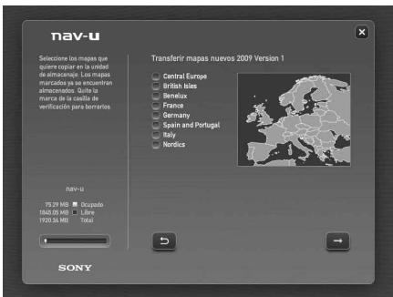 nav-u Seclencio los mapas que quiera copiar en la unidad de artemorería! Los mapas marcados ya se encuentan almacratos. Quite la muerca de la costa de verificación para borrantes. Transferir mapas nuevos 2009 Version 1 Central Europe British Isles Benelux France Germany Spain and Portugal Italy Nordica 75,00 MB ■ Occupado 1943,00 MB ■ Library 1920,00 MB ■ Total SONY