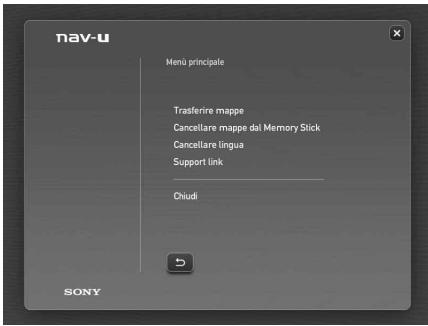 nav-u Menù principale Trasferire mappe Cancellare mappe dal Memory Stick Cancellare lingua Support link Chudi SONY