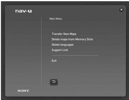 nav-u Main Menu Transfer New Maps Delete maps from Memory Stick Delete languages Support Link Exit SONY