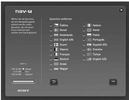 nav-u Wählen Sie die Sprachen, die vom Navigationsgerät entländ werden späles. Sprachen, die mit einem Kreuz markt wird ist, werden vom Gerät gipscht. sprachen entlemen Gelina Dansk Nederlands English (UK) Suomi Viaams Français Deutsch Greek Magyar Italiano Norsk Polski Portugues Español (ES) Svenska Türke English (US) 1907.42 MB | Beiglt 12.75 MB | Fiat 1903.30 MB | Gesamt SONY
