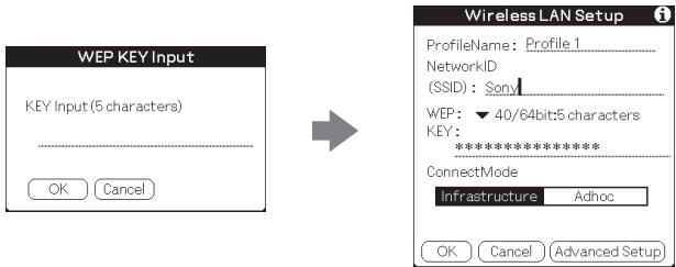 WEP KEY Input KEY Input(5 characters) OK Cancel Wireless LAN Setup ProfileName: Profile 1 NetworkID (SSID): Sony WEP: ▼ 40/64bit:5 characters KEY: ********** ConnectMode Infrastructure Adhoc OK Cancel Advanced Setup