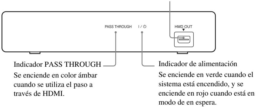 PASS THROUGH I / Ø HMD OUT Indicador PASS THROUGH Se enciende en color ámbar cuando se utiliza el paso a través de HDMI. Indicador de alimentación Se enciende en verde cuando el sistema está encendido, y se enciende en rojo cuando está en modo de en espera.