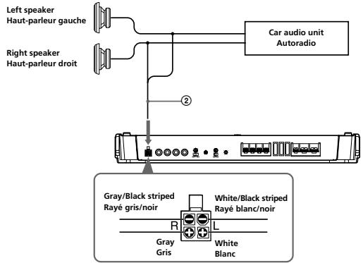 Left speaker Haut-parleur gauche Right speaker Haut-parleur droit Car audio unit Autoradio ② Gray/Black striped Rayé gris/noir White/Black striped Rayé blanc/noir R L Gray Gris White Blanc