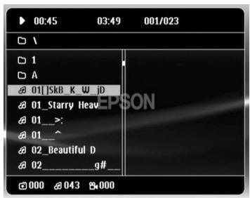 EPSON EH-DM3 - Quand vous lisez un disque contenant des fichiers JPEG, MP3/WMA ou DIVX ou un dispositif de stockage USB, la liste de fichiers suivante s'affiche. - 1