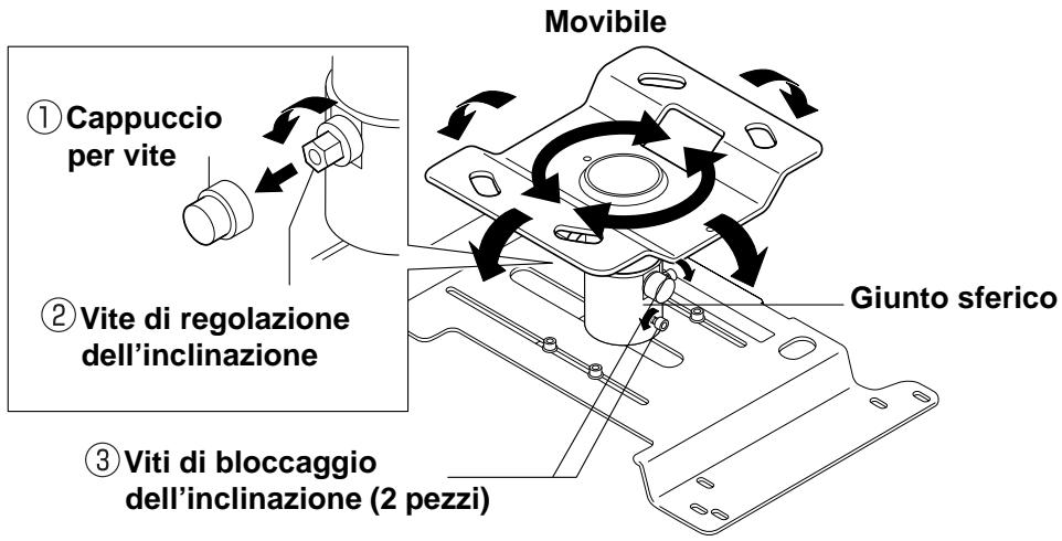 ① Cappuccio per vite ② Vite di regolazione dell'inclinazione ③ Viti di bloccaggio dell'inclinazione (2 pezzi) Movibile Giunto sferico