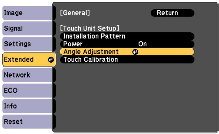[General] Return Signal [Touch Unit Setup] Installation Pattern Power On Settings Angle Adjustment Touch Calibration Extended Network ECO Info Reset