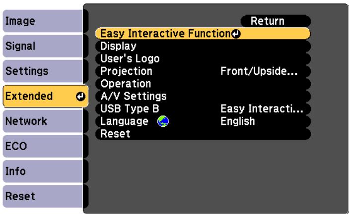 Image Signal Settings Extended Network ECO Info Reset Easy Interactive Function Display User's Logo Projection Front/Upside... Operation A/V Settings USB Type B Easy Interactive... Language English Reset Return