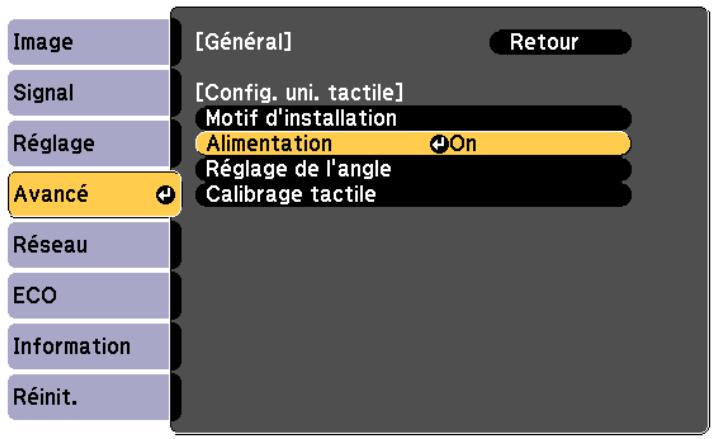 Image Signal Réglage Avancé Réseau ECO Information Réinit. [Général] [Config. uni. tactile] Motif d'installation Alimentation On Réglage de l'angle Calibrage tactile Retour