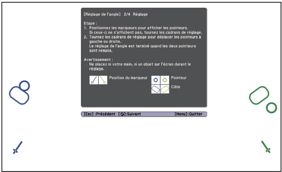 [Réglage de l'angle] 2/4 Réglage Etape : 1. Positionnez les marqueurs pour afficher les pointeurs. Si ceux-ci ne s'affichent pas, tournez les cadrans de réglage. 2. Tournez les cadrans de réglage pour déplacer les pointeurs à gauche ou droite. Le réglage de l'angle est terminé quand les deux pointeurs sont remplis. Avertissement : • Ne placez ni votre main, ni un objet sur l'écran durant le réglage. Position du marqueur Pointeur Cible [Esc] :Précédent [O]:Suivant [Menu]:Quitter