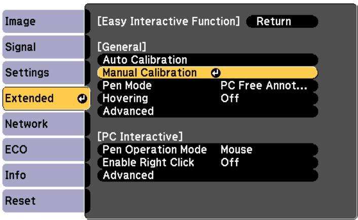 [Easy Interactive Function] Return [General] Auto Calibration Manual Calibration Pen Mode PC Free Annot... Hovering Off Advanced Extended Network [PC Interactive] Pen Operation Mode Mouse Enable Right Click Off Advanced ECO Info Reset