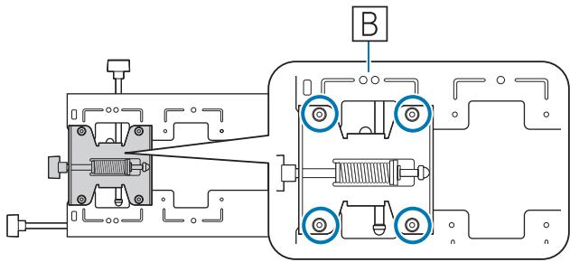 Technical diagram of a mechanical assembly with labeled component B and internal components highlighted in blue circles.