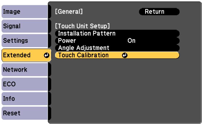 [General] Return [Touch Unit Setup] Installation Pattern Power On Angle Adjustment Touch Calibration Extended Network ECO Info Reset