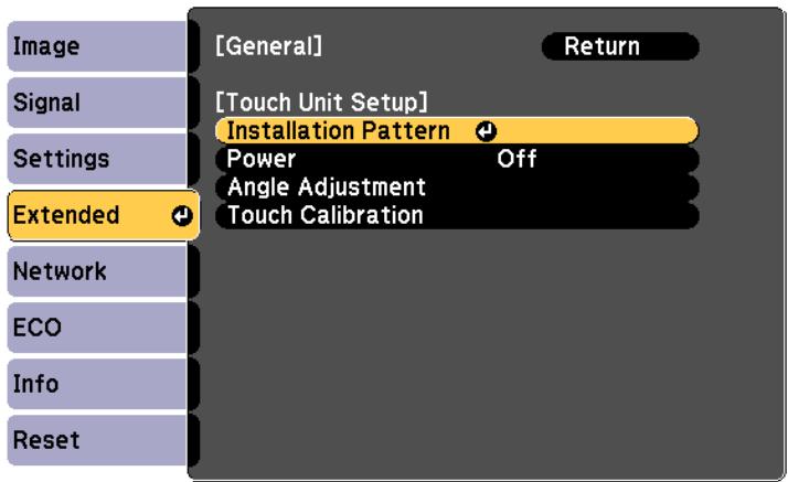 Image Signal Settings Extended Network ECO Info Reset [General] Return [Touch Unit Setup] Installation Pattern Power Off Angle Adjustment Touch Calibration