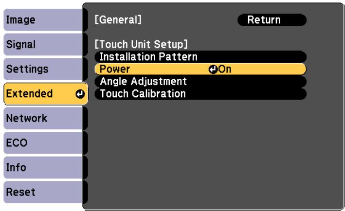 [General] Return Signal [Touch Unit Setup] Installation Pattern Settings Power On Angle Adjustment Touch Calibration Extended Network ECO Info Reset