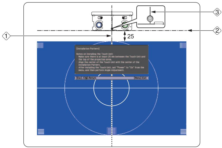 [Installation Pattern] Notes on Installing the Touch Unit: • Make sure there is at least 25 mm between the Touch Unit and the top of the projection area. • Align the center of the Touch Unit with the center of the Installation Pattern. • After installing the Touch Unit, set "Power" to "On" from the menu, and then perform Angle Adjustment. [Esc] /(@):Return [Menu]:Exit