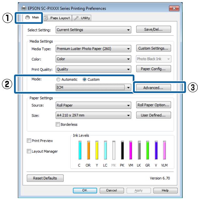 EPSON SURECOLOR SC-P8000 - Dans l'écran principal du pilote d'impression, sélectionnez custom (perso.) comme mode, sélectionnez ICM, puis cliquez sur advanced (plus d'options). - 1