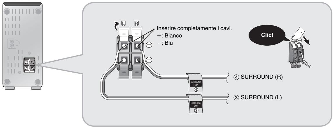 Inserire completamente i cavi. +: Bianco -: Blu ④ SURROUND (R) ③ SURROUND (L) ③ SURROUND Lch ④ SURROUND Rch Clic!