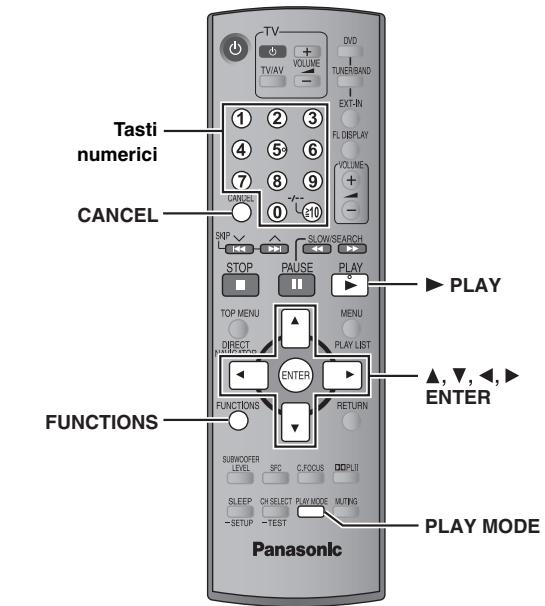 Tasti numerici CANCEL FUNCTIONS Panasonic 1 2 3 4 5 6 7 8 9 0 e10 SKIP STOP PAUSE PLAY TOP MENU MENU DIRECT PLAY LIST ENTER FUNCTIONS RETURN SUBWOOFER LIVE SFC C.FOCUS DUP LII SLEEP CHSelect PLAY MODE MUTING -SETUP -TEST DVD TURER BAND EXT-IN FL DISPLAY VOLUME + - PLAY ▲,▼,◄,► ENTER PLAY MODE