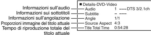 ■ Details-DVD-Video Informazioni sull'audio ——— Audio 1 ---DTS 3/2.1ch Informazioni sui sottotitoli ——— Subtitle —--- Informazioni sull'angolazione ——— Angle 1/1 Proporzioni immagine del titolo attuale ——— Source Aspect 4:3 Tempo di riproduzione totale del ——— Title Total Time 0:54:28 titolo attuale