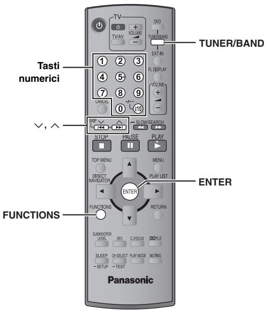 TASTI numerici ✓, ^ FUNCTIONS TUNER/BAND 1 2 3 4 5 6 7 8 9 CANCEL 0 10 STOP PAUSE PLAY TOP MENU MENU DIRECT NAVIGATOR PLAY LIST ENTER FUNCTIONS RETURN SUBVOOFER LEVEL SFC C.FOCUS D.PLII SLEEP CH SELECT PLAY MODE MUTING -SETUP -TEST Panasonic