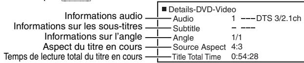 ■ Details-DVD-Video Informations audio — Audio 1 ---DTS 3/2.1ch Informations sur les sous-titres — Subtitle - --- Informations sur l'angle — Angle 1/1 Aspect du titre en cours — Source Aspect 4:3 Temps de lecture total du titre en cours — Title Total Time 0:54:28