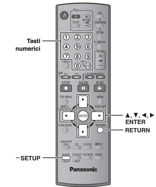 Tasti numerici -SETUP Panasonic 1 2 3 4 5 6 7 8 9 CANCEL 0 10 SKIP STOP PAUSE PLAY TOP MENU MENU DIRECT PLAY LIST ENTER FUNCTIONS RETURN SUBVOOFER LEVEL SPC C:FOCUS C:FULLI SLEEP CH:SELECT PLAY MODE MUTING -SETUP -TEST ▲,▼,◀,► ENTER RETURN