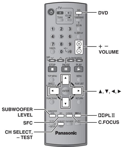 TV + - VOLUME TV:AV - DVD TUNERBAND 1 2 3 EXT-IN FL:DISPLAY 4 5 6 YOLUME 7 8 9 CANCEL 0 + - VOLUME SKIP ✓ SLOW/SEARCH STOP PAUSE PLAY TOP MENU MENU DIRECT PLAY LIST ENTER FUNCTIONS RETURN ▲,▼,◄,► SUBWOOFER LEVEL SUBWOOFER SFC C.FOCUS DPLII CH SELECT, - TEST C.O.FOCUS Panasonic