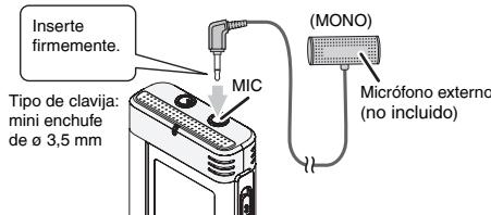 Inserte firmemente. Tipo de clavija: mini enchufe de ø 3,5 mm MIC (MONO) Micrófono externo (no incluido)