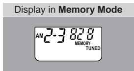 Display in Memory Mode AM 2-3 8:28 MEMORY TUNED