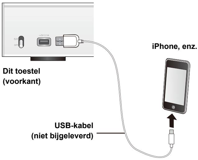 Dit toestel (voorkant) USB-kabel (niet bijgeleverd) iPhone, enz.