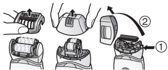 Diagram illustrating a mechanical assembly process with labeled steps ① and ②, showing hand positioning and component insertion.