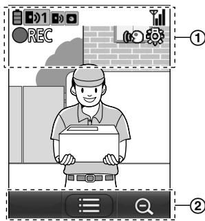 Illustration showing a delivery person with a package, alongside two UI elements labeled ① and ②, likely illustrating a service or logistics interface.