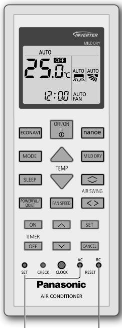 INVERTER MILD DRY AUTO OFF AUTO AUTO 25.0°C 12:00 AUTO FAN ECONAVI OFF/ON nanoe MODE MILD DRY SLEEP AIR SWING POWERFUL QUBET FAN SPEED ON SET TIMER OFF CANCEL SET CHECK CLOCK AC RC Panasonic AIR CONDITIONER